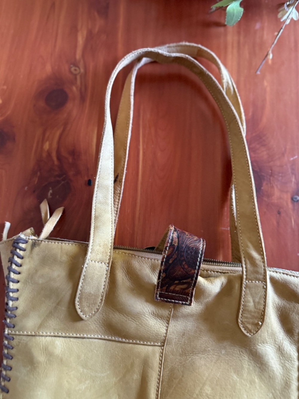 hand made leather cowhide tooled stitched fringe tote - Picture 6 of 9